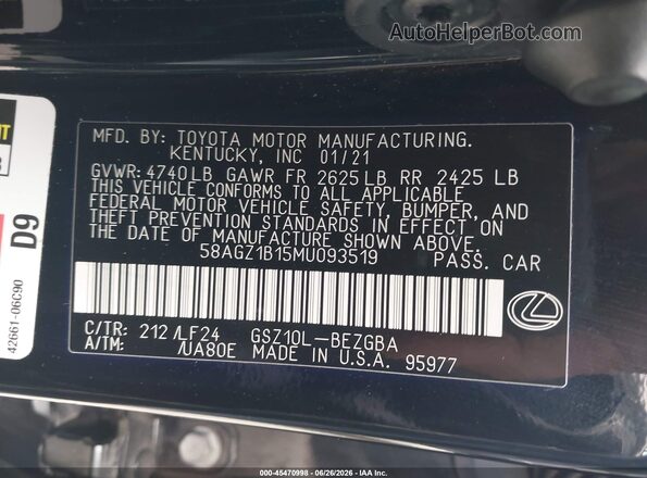 58AGZ1B15MU093519 2021 LEXUS ES 350 Black ძრავის განყოფილების ხედი