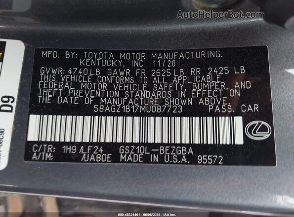 58AGZ1B17MU087723 2021 LEXUS ES 350 Серый Вид подкапотного пространства