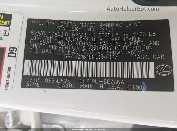 58AHZ1B18MU094037 2021 LEXUS ES 350 White Widok komory silnika
