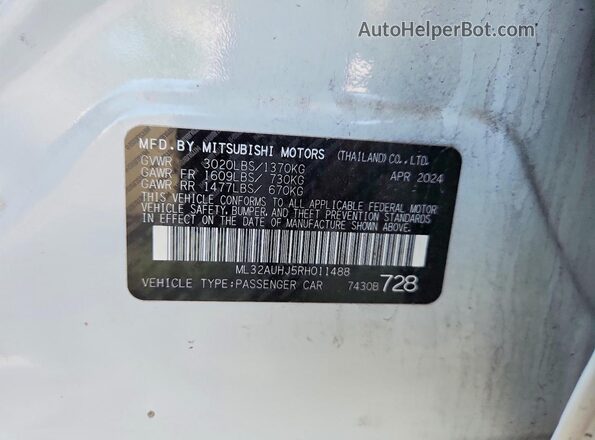 ML32AUHJ5RH011488 2024 MITSUBISHI MIRAGE Белый 