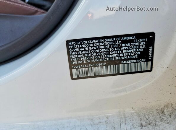 1VWBA7A31NC006612 2022 VOLKSWAGEN PASSAT White 