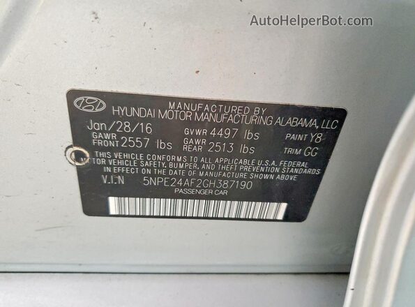 5NPE24AF2GH387190 2016 HYUNDAI SONATA Silver VIN კოდის სტიკერის ხედი