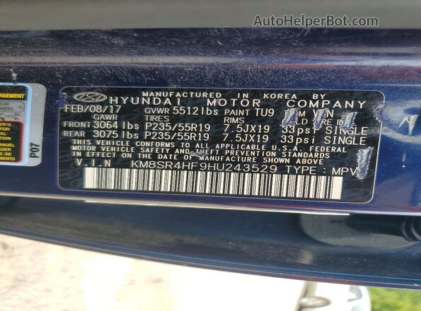 KM8SR4HF9HU243529 2017 HYUNDAI SANTA Blue 