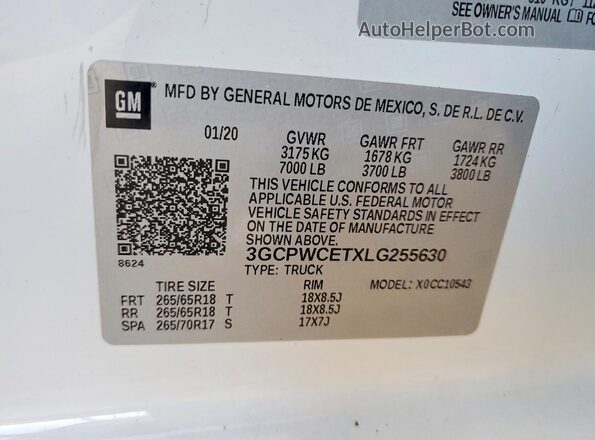 3GCPWCETXLG255630 2020 CHEVROLET SILVERADO Белый Вид наклейки с VIN-кодом