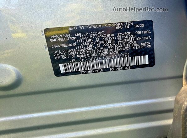JF2SKADC8MH444068 2021 SUBARU FORESTER Gray 