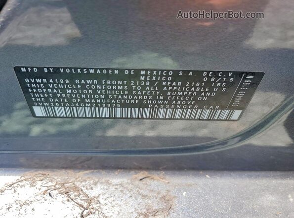 3VW267AJ4GM219975 2016 VOLKSWAGEN JETTA Gray Widok naklejki z numerem VIN