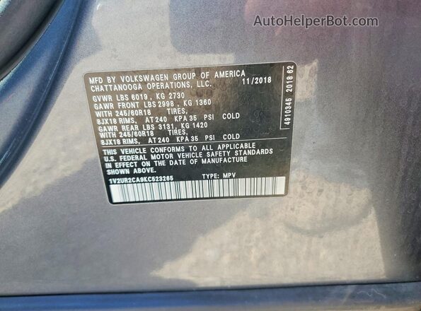 1V2UR2CA9KC523265 2019 VOLKSWAGEN ATLAS Gray Вид наклейки з VIN-кодом