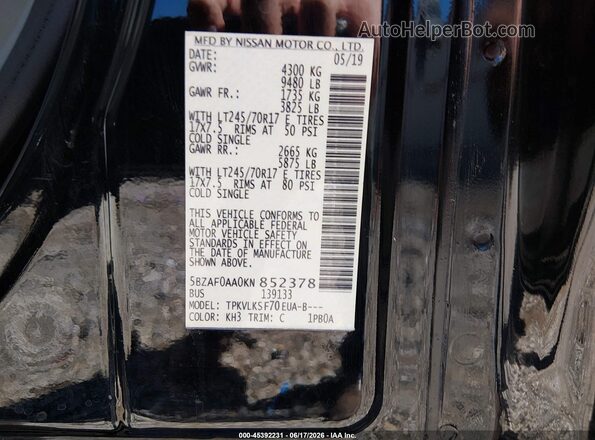 5BZAF0AA0KN852378 2019 NISSAN NV PASSENGER NV3500 HD Black Widok komory silnika