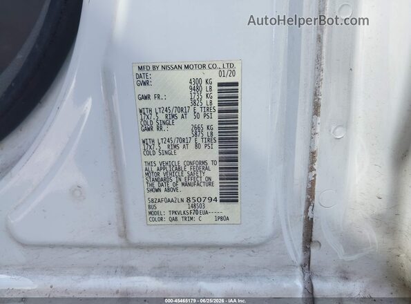 5BZAF0AA2LN850794 2020 NISSAN NV PASSENGER NV3500 HD White Շարժիչի բաժամունքի տեսք