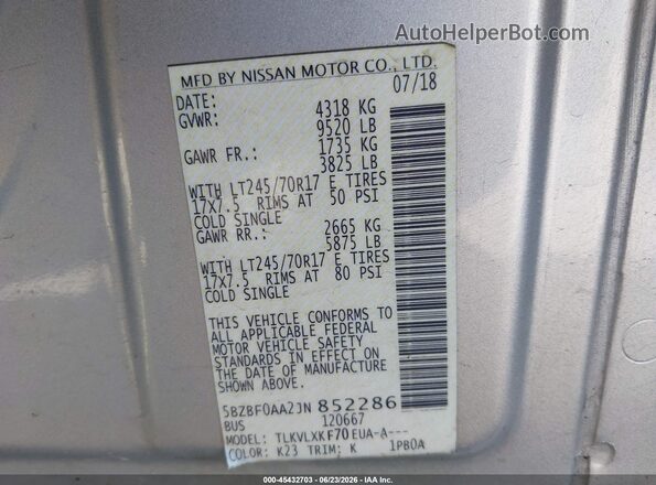 5BZBF0AA2JN852286 2018 NISSAN NV PASSENGER NV3500 HD Silver Вид підкапотного простору