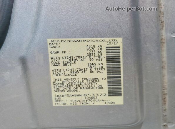5BZBF0AA8HN853372 2017 NISSAN NV Silver VIN sticker view