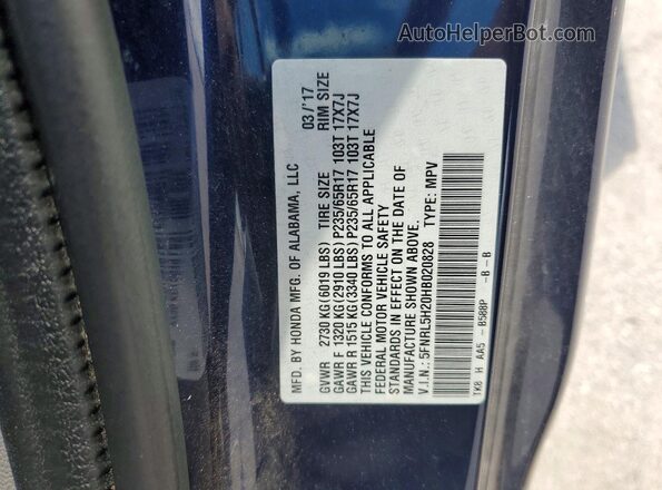 5FNRL5H20HB020828 2017 HONDA ODYSSEY Blue VIN sticker view