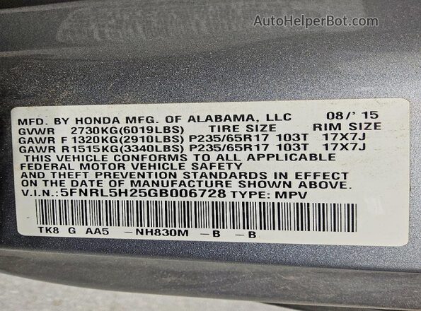 5FNRL5H25GB006728 2016 HONDA ODYSSEY Silver Vista de la etiqueta del VIN