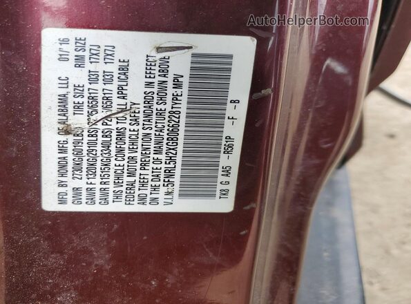 5FNRL5H2XGB066228 2016 HONDA ODYSSEY Burgundy Vista de la etiqueta del VIN
