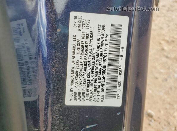 5FNRL5H30GB098761 2016 HONDA ODYSSEY Blue VIN sticker view