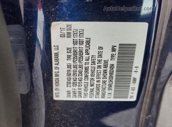 5FNRL5H30HB024094 2017 HONDA ODYSSEY Blue VIN կոդի պիտակի տեսք