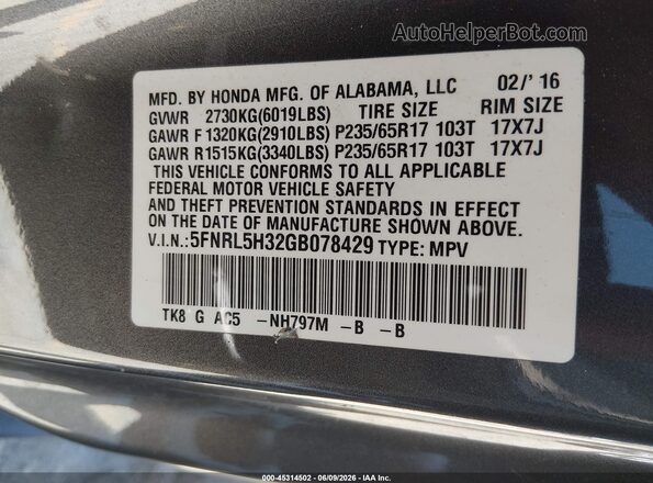 5FNRL5H32GB078429 2016 HONDA ODYSSEY Gray 