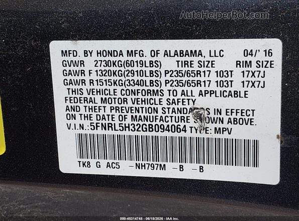 5FNRL5H32GB094064 2016 HONDA ODYSSEY Gray Engine compartment view