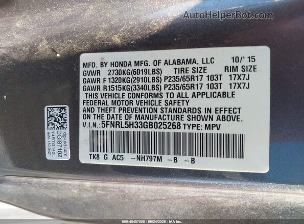 5FNRL5H33GB025268 2016 HONDA ODYSSEY Gray Շարժիչի բաժամունքի տեսք