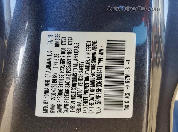 5FNRL5H33GB096471 2016 HONDA ODYSSEY Gray 