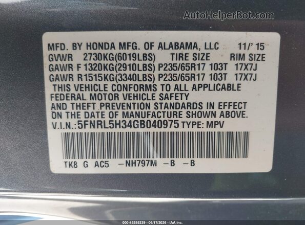 5FNRL5H34GB040975 2016 HONDA ODYSSEY Gray Widok komory silnika