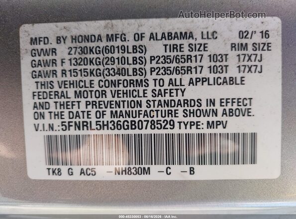 5FNRL5H36GB078529 2016 HONDA ODYSSEY Gray 