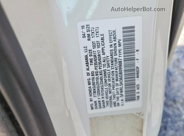 5FNRL5H36GB099087 2016 HONDA ODYSSEY White VIN sticker view