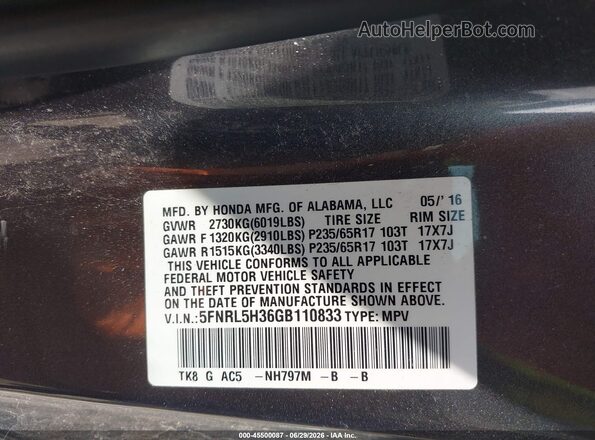 5FNRL5H36GB110833 2016 HONDA ODYSSEY Gray Вид підкапотного простору