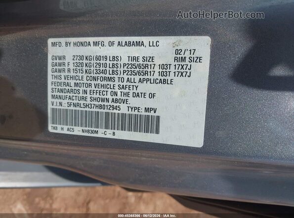 5FNRL5H37HB012945 2017 HONDA ODYSSEY Gray ძრავის განყოფილების ხედი