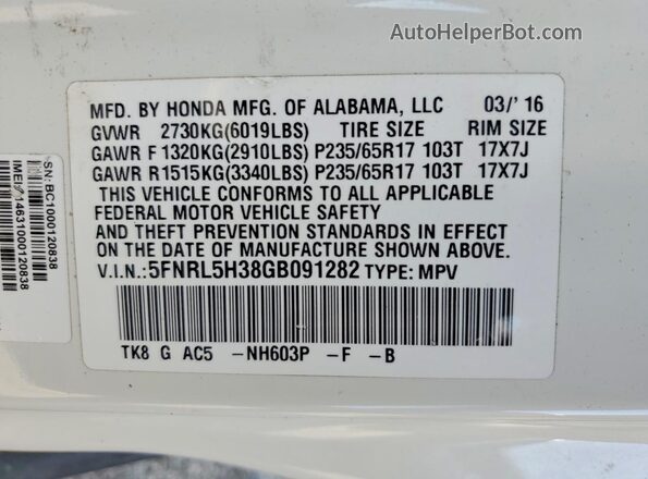 5FNRL5H38GB091282 2016 HONDA ODYSSEY White VIN sticker view