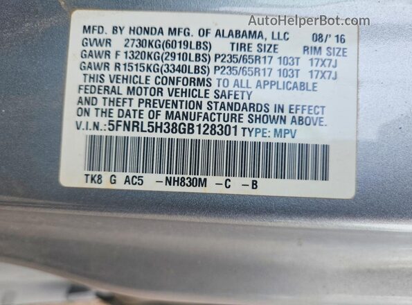 5FNRL5H38GB128301 2016 HONDA ODYSSEY Gray VIN sticker view