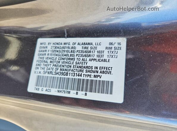 5FNRL5H39GB113144 2016 HONDA ODYSSEY Gray 