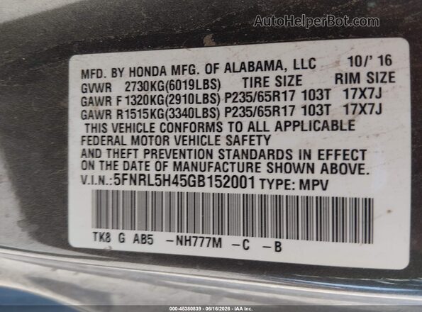 5FNRL5H45GB152001 2016 HONDA ODYSSEY Gray Vista del compartimento del motor