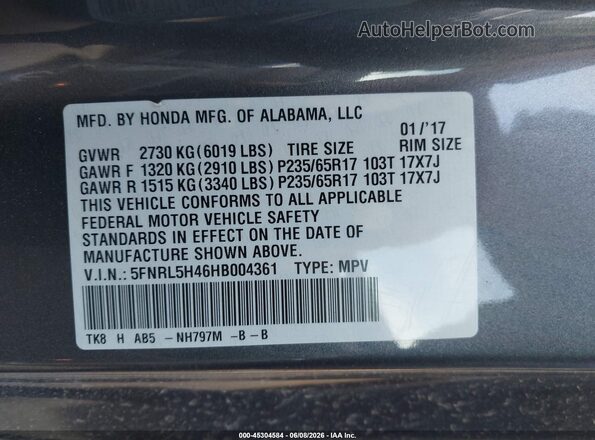 5FNRL5H46HB004361 2017 HONDA ODYSSEY Серый Вид подкапотного пространства