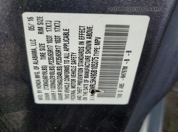 5FNRL5H49GB105375 2016 HONDA ODYSSEY Gray VIN კოდის სტიკერის ხედი