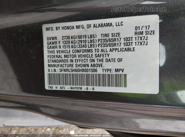 5FNRL5H60HB001506 2017 HONDA ODYSSEY Silver Вид підкапотного простору