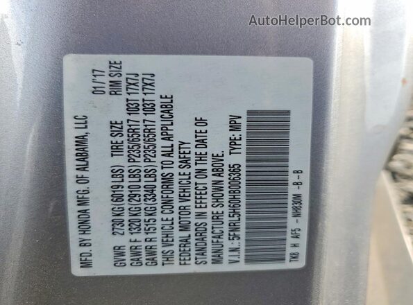5FNRL5H60HB006365 2017 HONDA ODYSSEY Silver Widok naklejki z numerem VIN