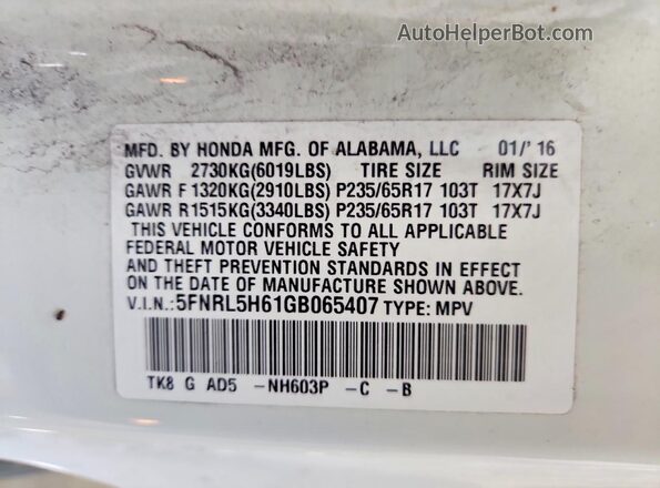 5FNRL5H61GB065407 2016 HONDA ODYSSEY White Widok naklejki z numerem VIN