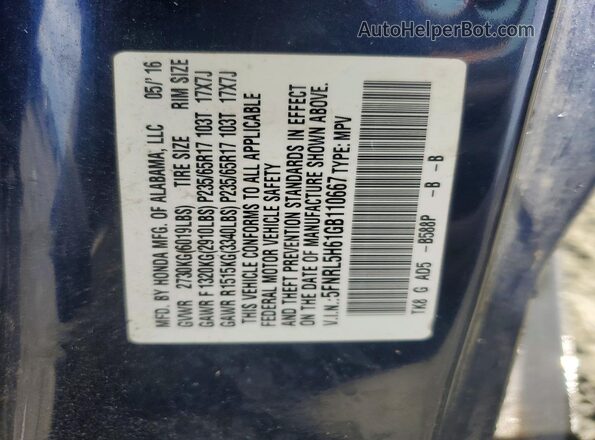 5FNRL5H61GB110667 2016 HONDA ODYSSEY Blue Вид наклейки з VIN-кодом