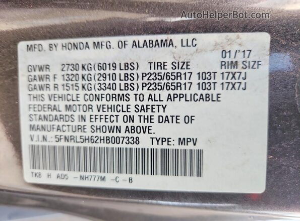 5FNRL5H62HB007338 2017 HONDA ODYSSEY Gray 