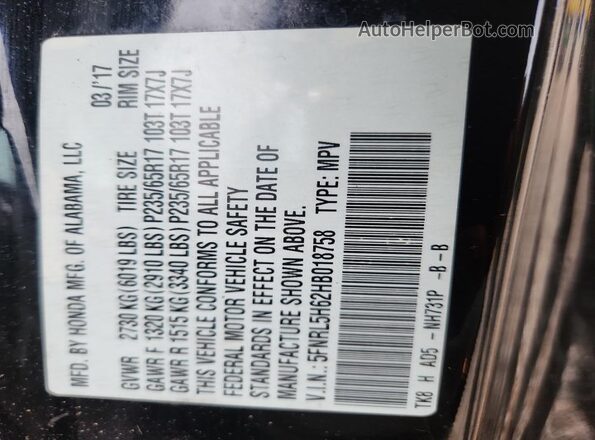 5FNRL5H62HB018758 2017 HONDA ODYSSEY Black 