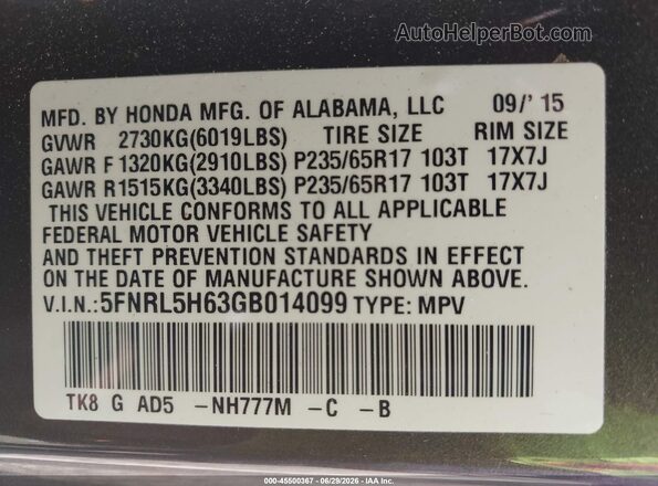 5FNRL5H63GB014099 2016 HONDA ODYSSEY Gray Вид підкапотного простору