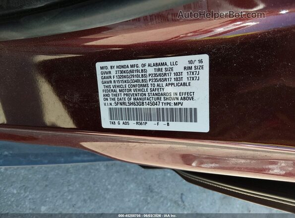 5FNRL5H63GB145047 2016 HONDA ODYSSEY Burgundy Widok komory silnika