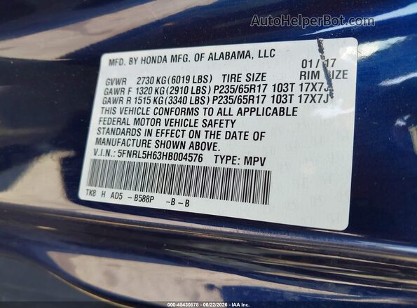 5FNRL5H63HB004576 2017 HONDA ODYSSEY Blue Vista del compartimento del motor