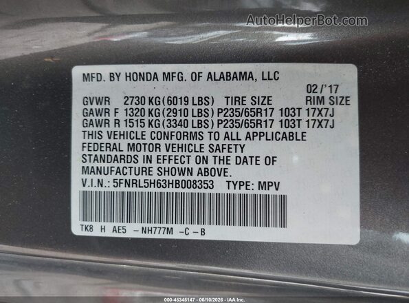 5FNRL5H63HB008353 2017 HONDA ODYSSEY Gray Շարժիչի բաժամունքի տեսք