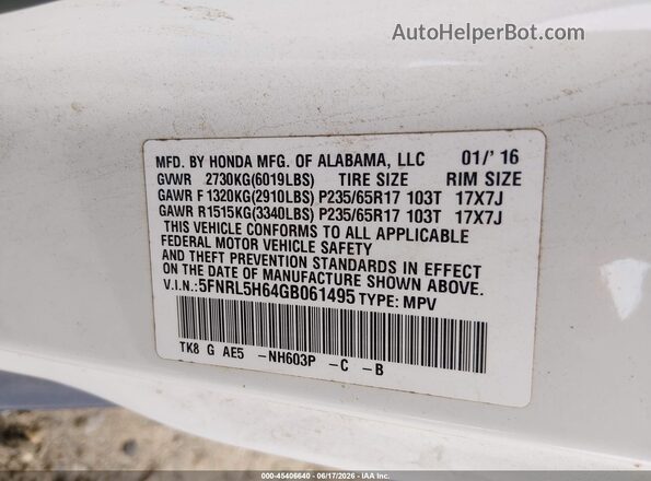 5FNRL5H64GB061495 2016 HONDA ODYSSEY White Շարժիչի բաժամունքի տեսք