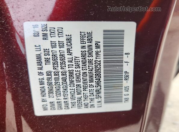 5FNRL5H64GB092522 2016 HONDA ODYSSEY Red 