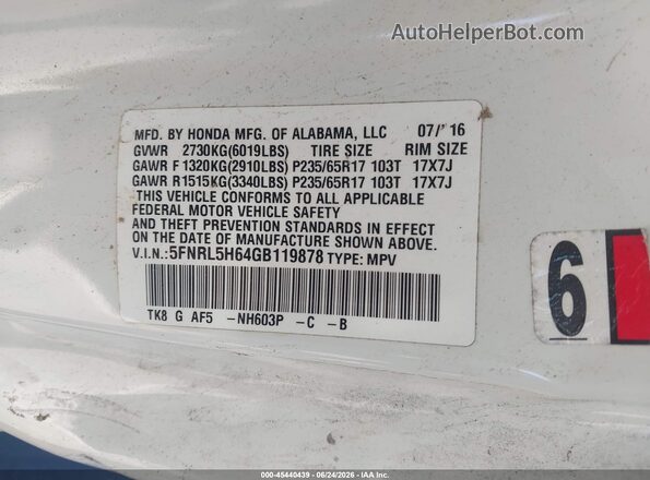 5FNRL5H64GB119878 2016 HONDA ODYSSEY White Շարժիչի բաժամունքի տեսք