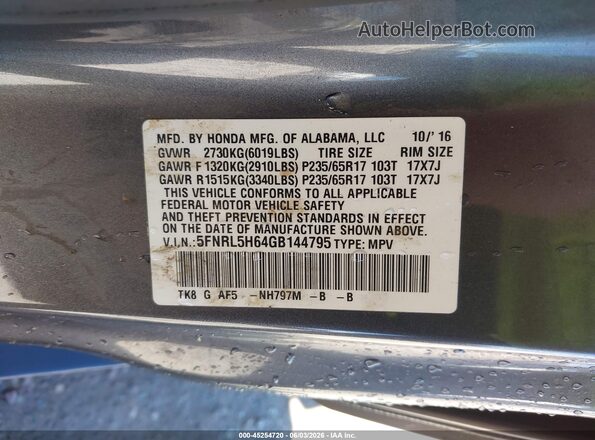 5FNRL5H64GB144795 2016 HONDA ODYSSEY Серый Вид подкапотного пространства