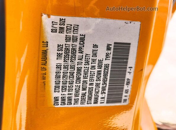 5FNRL5H65HB023565 2017 HONDA ODYSSEY Yellow VIN კოდის სტიკერის ხედი